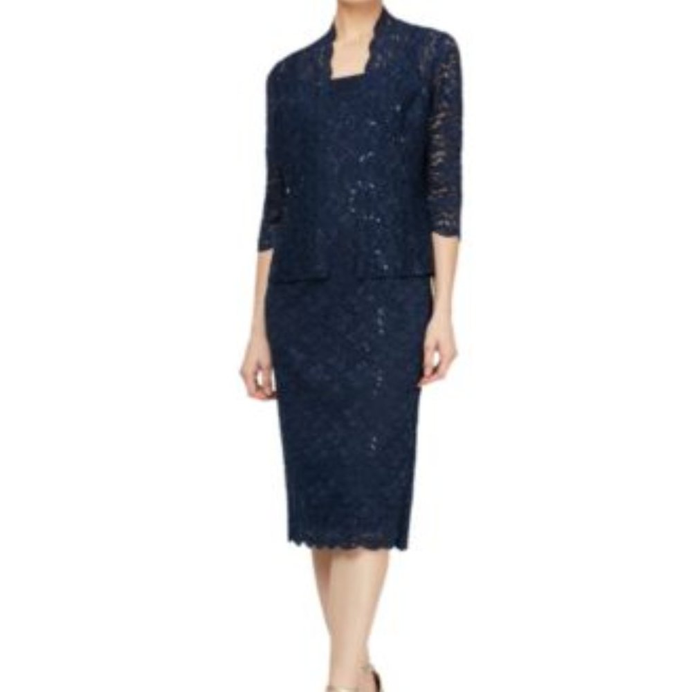 SL Fashions Petite Lace Jacket Midi Dres Navy Blue